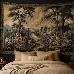 Manta tejida con tapiz de castillo en el bosque / Manta con paisaje de vegetación / Tapiz de pared de bosque estilo cottagecore / Manta de naturaleza estilo William Morris