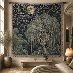 Sternenklare Nacht Weidenbaum Mond Gewebte Decke | Mond Wald Tapisserie werfen, Wald Märchen Folklore
