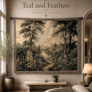 Woven Cotton Woodland Castle Tapestry | Verdure Landscape Forest Throw Blanket
