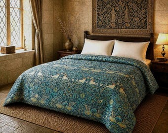 Birds and Floral Pattern Cotton Duvet Cover | William Morris Style