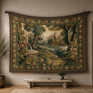 May include: A rectangular woven wall tapestry featuring a landscape scene with a stone fountain, lush trees, and a distant tower. The central image is framed by a wide border of colorful floral patterns in shades of green, pink, and yellow.