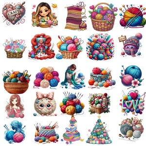 Può includere: Una collezione di illustrazioni ad acquerello con filato, ferri da maglia e uncinetti. Le immagini includono gomitoli di lana, cesti di lana e persone che lavorano a maglia. Alcune immagini hanno il testo "Craft" e "Love".
