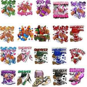 May include: A series of vibrant graphic designs showcasing sneakers, handbags, and the phrase "Sneaker Girl." The designs incorporate hearts and a variety of colours, including pink, green, purple, and blue. Some designs include additional text such as "Boo-Jee" and "Juneteenth Vibes."