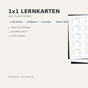 May include: A stack of multiplication flashcards with the title "1x1 LERNKARTEN" in black text. The flashcards are designed for cutting out and include tasks and solutions. The text also includes "2 A4-Seiten" and "Sofort Dow".