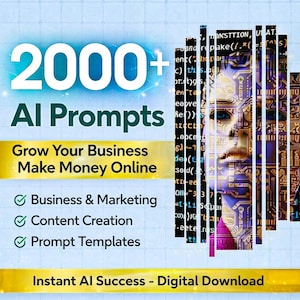 Op de afbeelding: Een digitale afbeelding die "2000+ AI Prompts" promoot voor bedrijfsgroei en online inkomsten. De afbeelding bevat tekst zoals "Business & Marketing", "Content Creation" en "Prompt Templates". Een gestileerd AI-gezicht is zichtbaar.