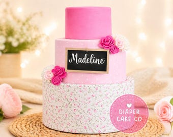 Personalized Pink Floral Diaper Cake: Baby Shower Centerpiece, Baby Girl Gift