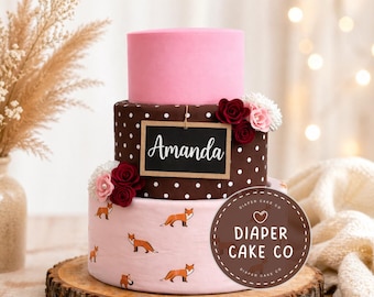 Fox Diaper Cake Personalized Baby Shower Centerpiece Woodland Diaper Cake Girl Custom Baby Gift Fox Nursery Decor