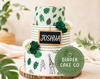 Woodland Diaper Cake Green Personalized Baby Shower Centerpiece Custom Name Jungle Safari Neutral Baby Gift Boy