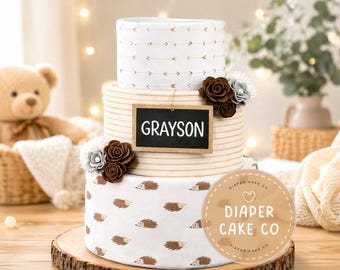Animal Diaper Cake Personalized Woodland Hedgehog Diaper Cake Neutral Baby Shower Centerpiece Custom Baby Gift