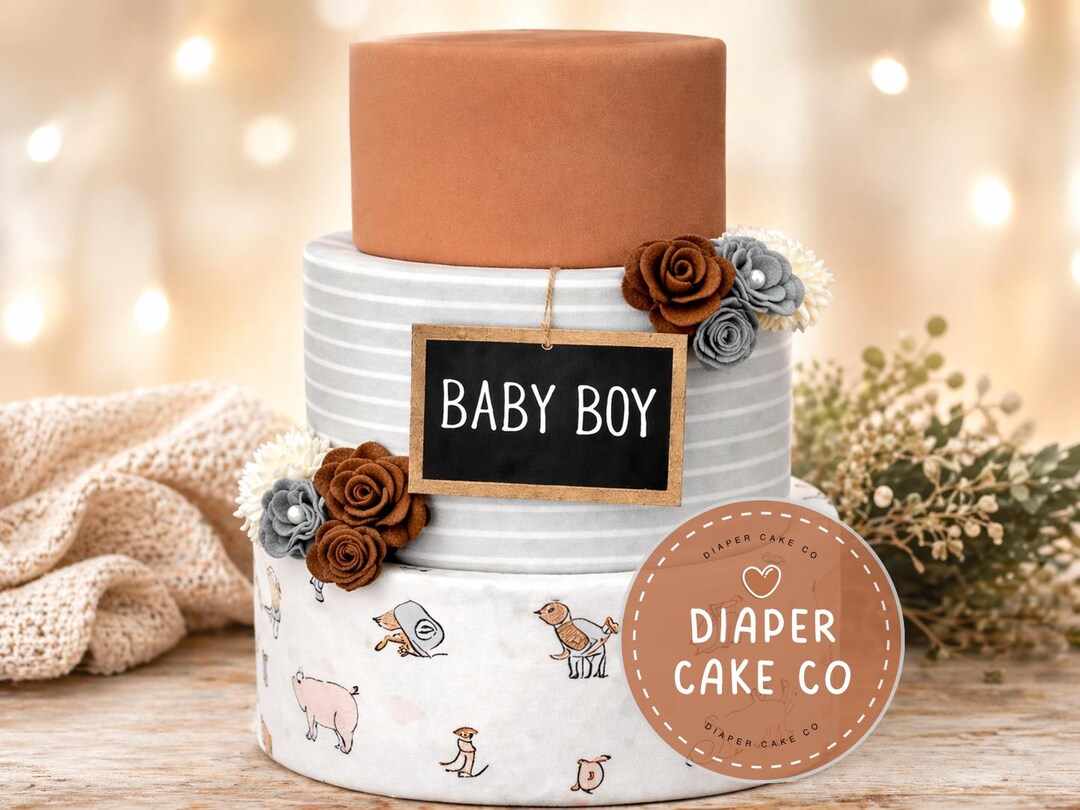 Farm Diaper Cake Baby Boy Shower Centerpiece Rustic Neutral Baby Gift ...