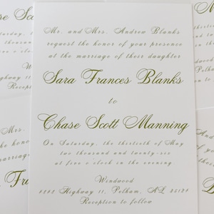 May include: Wedding invitation with elegant script in olive green ink on a white background. The invitation includes the names Sara Frances Blanks and Chase Scott Manning, along with the date and time of the ceremony.
