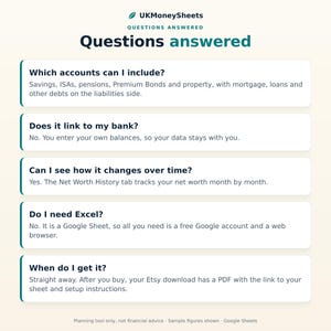 May include: An informational graphic for UKMoneySheets titled Questions answered. It lists five FAQs regarding account inclusion, bank linking, net worth tracking, software requirements for Google Sheets, and the immediate digital delivery process.