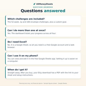 以下が含まれることがあります： UKMoneySheets Questions Answeredというタイトルのデジタル情報グラフィック。財務追跡ツールに関する5つのよくある質問が記載されており、チャレンジの種類、マルチタスク、ソフトウェア要件、モバイル互換性、および配信について説明しています。
