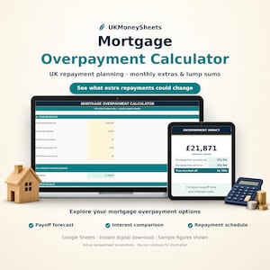 May include: A digital mortgage overpayment calculator spreadsheet displayed on a laptop and tablet screen, featuring a wooden house model, a calculator, and coins. Text includes UKMoneySheets, Mortgage Overpayment Calculator, and Overpayment Impact.