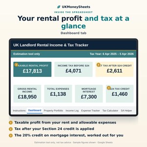 May include: A digital dashboard titled UK Landlord Rental Income & Tax Tracker for the 2025-2026 tax year. It displays financial data including taxable rental profit of &pound;17,813, income tax of &pound;4,071, and net tax after S24 credit of &pound;2,611 in a spreadsheet.