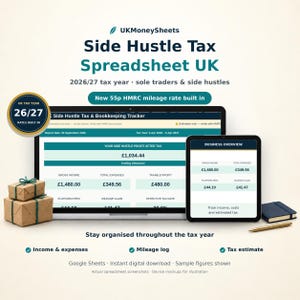 Pu&ograve; includere: Un foglio di calcolo fiscale per entrate extra nel Regno Unito per l'anno fiscale 2026/27 visualizzato su un laptop e un tablet. L'interfaccia mostra dati finanziari come reddito lordo, spese e profitto imponibile, con due piccole scatole regalo.