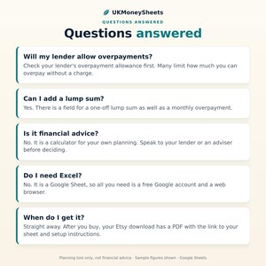 May include: An informational graphic titled UKMoneySheets Questions answered, featuring five FAQs about a financial calculator. Questions include lender overpayments, lump sums, financial advice, Excel requirements, and delivery.