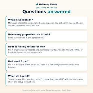 May include: An informational graphic titled UKMoneySheets Questions answered. It lists five FAQs: What is Section 24, How many properties can I track, Does it file my return for me, Do I need Excel, and When do I get it, with answers provided for each.
