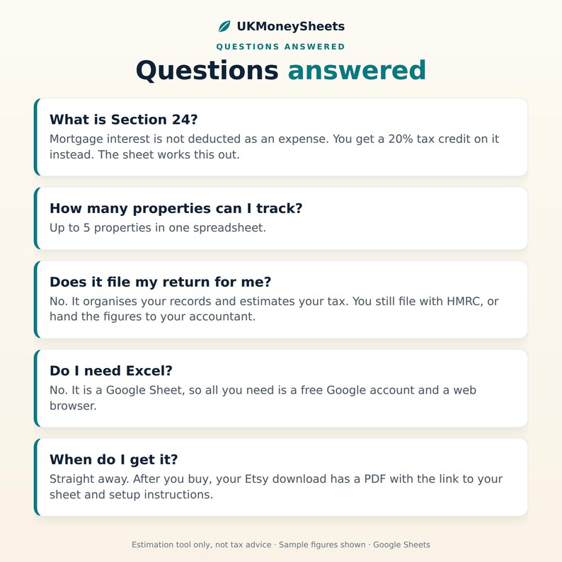 May include: An informational graphic titled UKMoneySheets Questions answered. It lists five FAQs: What is Section 24, How many properties can I track, Does it file my return for me, Do I need Excel, and When do I get it, with answers provided for each.