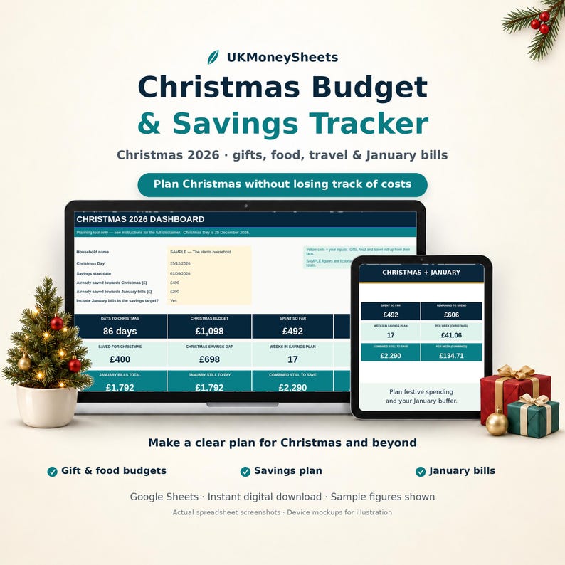 May include: A digital Christmas Budget & Savings Tracker spreadsheet displayed on a laptop and tablet screen. The dashboard shows financial data for 2026, including savings goals, budget totals, and January bills, with festive icons and text.