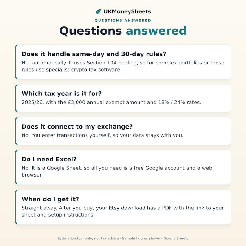 May include: An informational graphic titled UKMoneySheets Questions Answered, featuring five FAQs about a Google Sheet tax tool. It addresses same-day rules, the 2025/26 tax year with &pound;3,000 exemption, exchange connectivity, Excel requirements, and delivery.