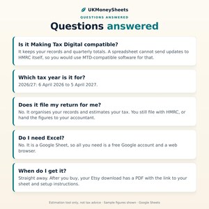 Pu&ograve; includere: Un grafico informativo intitolato UKMoneySheets Questions Answered, con cinque riquadri rettangolari bianchi e testo in verde ottanio scuro. Risponde a domande sulla compatibilit&agrave; fiscale, l'anno fiscale 2026/27, la dichiarazione, il software e la consegna.