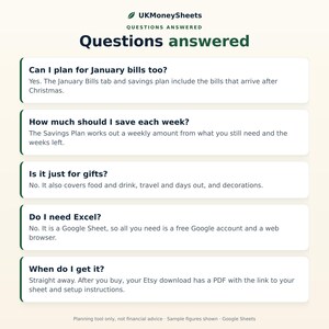 May include: An informational graphic titled UKMoneySheets Questions answered, featuring five FAQ sections regarding a digital financial planning tool. The text addresses topics like January bills, weekly savings, gift coverage, Google Sheets compatibility, and instant download access.