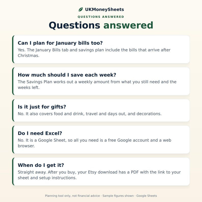 May include: An informational graphic titled UKMoneySheets Questions answered, featuring five FAQ sections regarding a digital financial planning tool. The text addresses topics like January bills, weekly savings, gift coverage, Google Sheets compatibility, and instant download access.