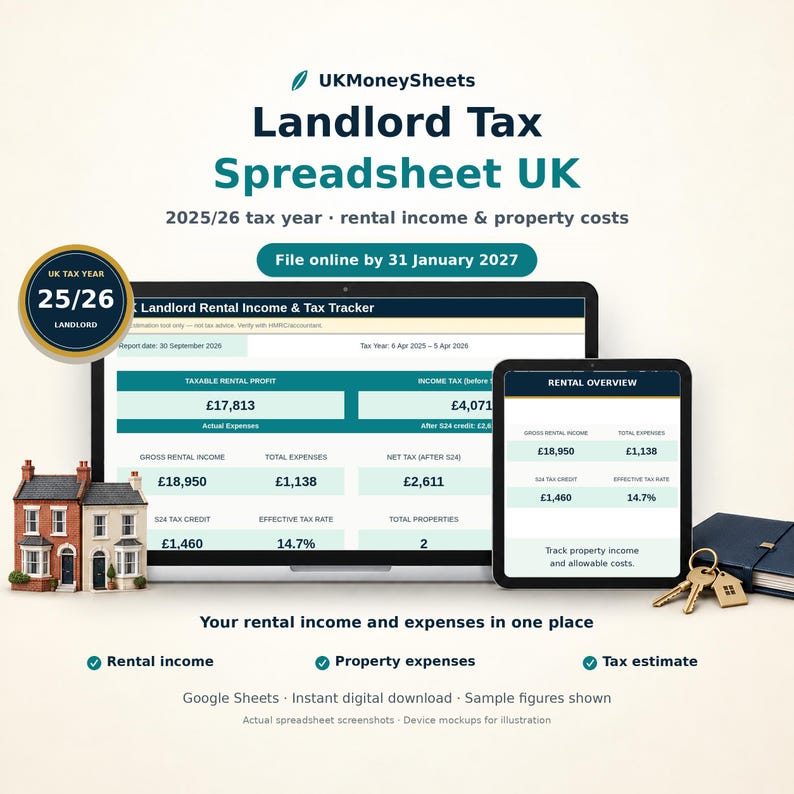 May include: A digital landlord tax spreadsheet for the 2025/26 tax year, displayed on a computer monitor and tablet. The interface shows rental income, property costs, and tax estimates. Includes a circular badge, house models, and keys.