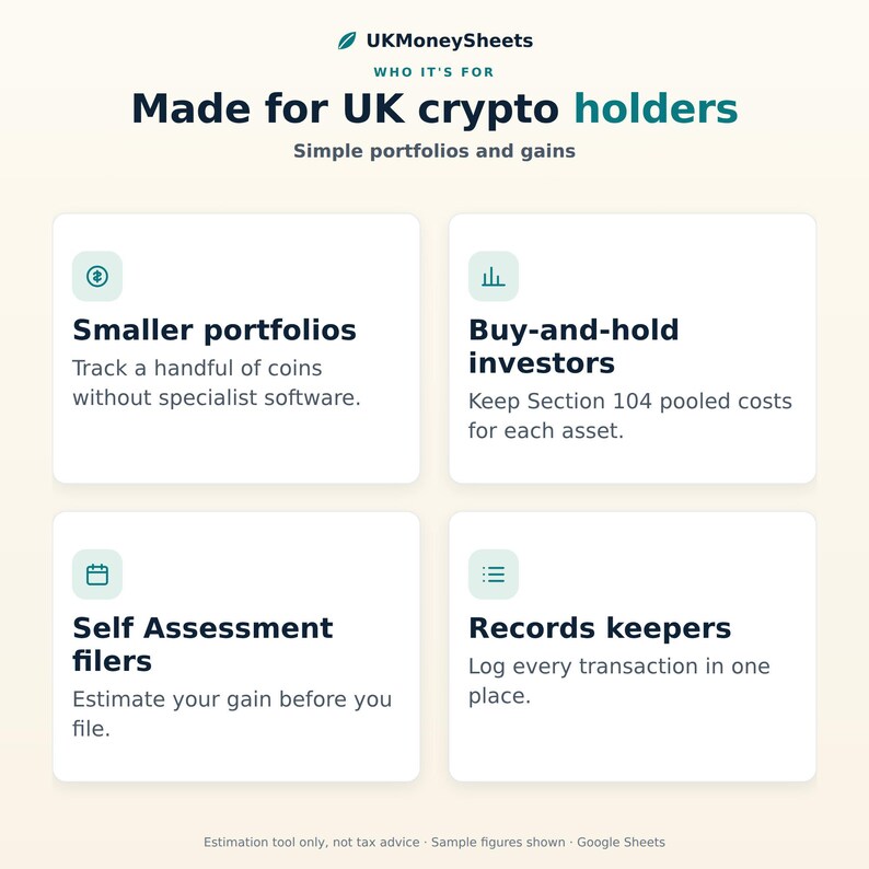 May include: An informational graphic titled UKMoneySheets Made for UK crypto holders. It features four white boxes with icons and text: Smaller portfolios, Buy-and-hold investors, Self Assessment filers, and Records keepers, detailing tracking features.