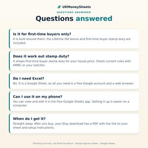 May include: An informational graphic titled UKMoneySheets Questions answered, featuring five white rectangular boxes with dark blue text. Each box addresses common inquiries about a digital spreadsheet tool, covering topics like first-time buyer features, stamp duty calculations, software requirements, mobile compatibility, and the instant download process.