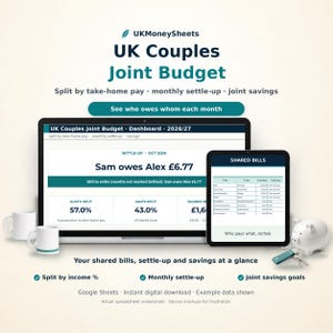 May include: A digital UK Couples Joint Budget spreadsheet displayed on a laptop and tablet screen. The interface shows shared bills, monthly settle-up calculations, and savings goals with text including UKMoneySheets and Sam owes Alex £6.77.