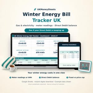 Può includere: Una dashboard digitale per il monitoraggio delle bollette energetiche invernali nel Regno Unito su uno schermo di laptop e tablet, che mostra i costi di gas ed elettricità. Include una tazza bianca e una borsa dell'acqua calda a righe.