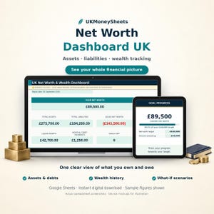 May include: A digital net worth dashboard displayed on a laptop and tablet screen. The interface shows financial data including total assets, liabilities, and goal progress in British pounds. Text includes UKMoneySheets, Net Worth Dashboard UK, and One clear view of what you own and owe.