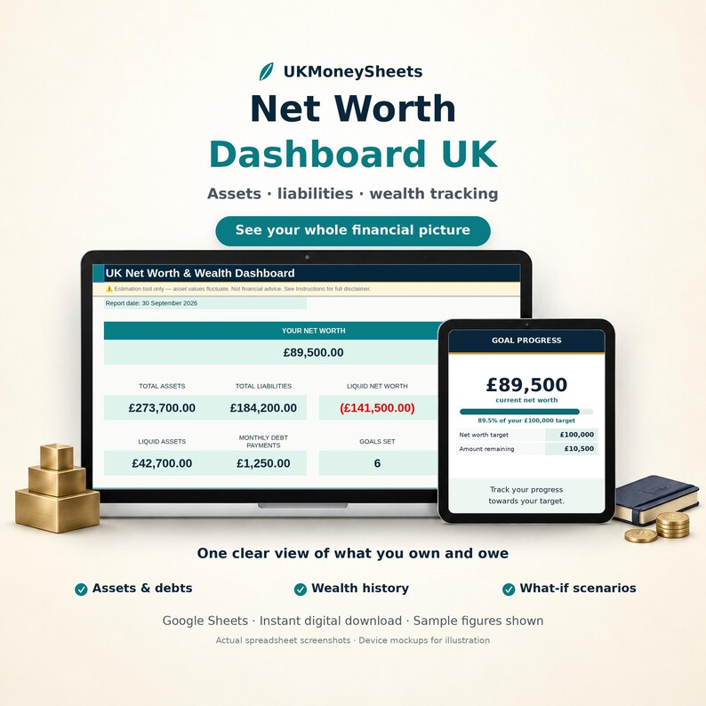 May include: A digital net worth dashboard displayed on a laptop and tablet screen. The interface shows financial data including total assets, liabilities, and goal progress in British pounds. Text includes UKMoneySheets, Net Worth Dashboard UK, and One clear view of what you own and owe.