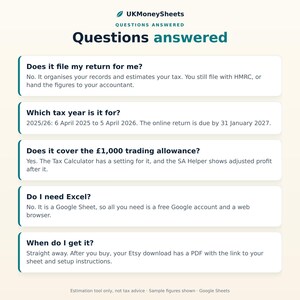 May include: An informational graphic titled UKMoneySheets Questions Answered, featuring five FAQs about tax software. It clarifies that it organizes records, covers the 2025/26 tax year, includes a trading allowance, requires Google Sheets, and is a digital download.