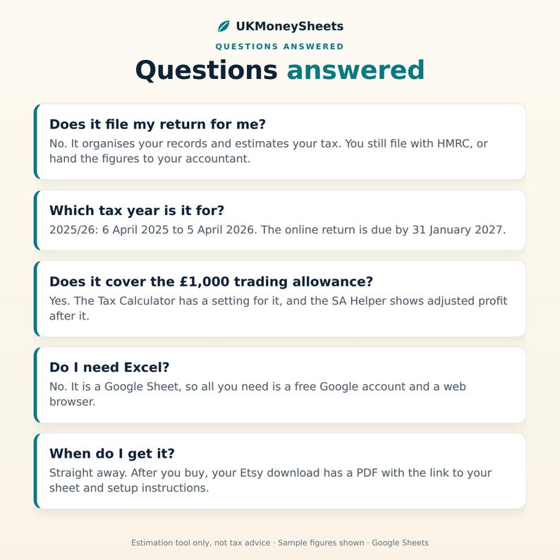 May include: An informational graphic titled UKMoneySheets Questions Answered, featuring five FAQs about tax software. It clarifies that it organizes records, covers the 2025/26 tax year, includes a trading allowance, requires Google Sheets, and is a digital download.
