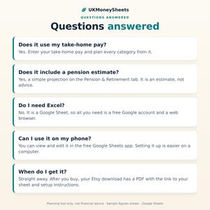 May include: A digital information graphic titled UKMoneySheets Questions answered, featuring five FAQ sections with bold questions and plain text answers regarding take-home pay, pension estimates, Excel requirements, mobile usage, and delivery.