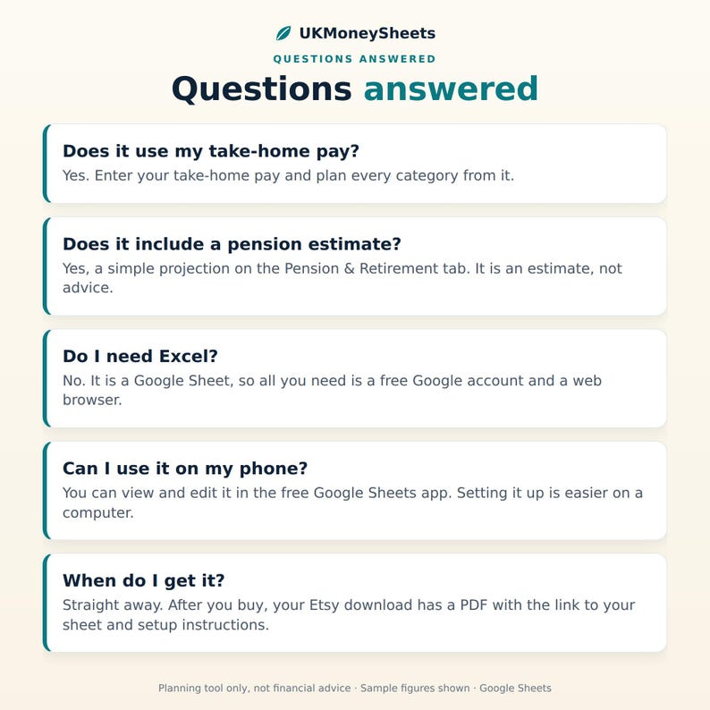 May include: A digital information graphic titled UKMoneySheets Questions answered, featuring five FAQ sections with bold questions and plain text answers regarding take-home pay, pension estimates, Excel requirements, mobile usage, and delivery.