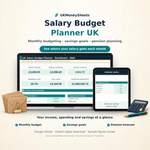 May include: A digital UK MoneySheets Salary Budget Planner UK dashboard displayed on a laptop and tablet screen. The interface shows monthly income, expenses, surplus, savings goals, and pension projections in pounds sterling. Includes a calculator and pen.