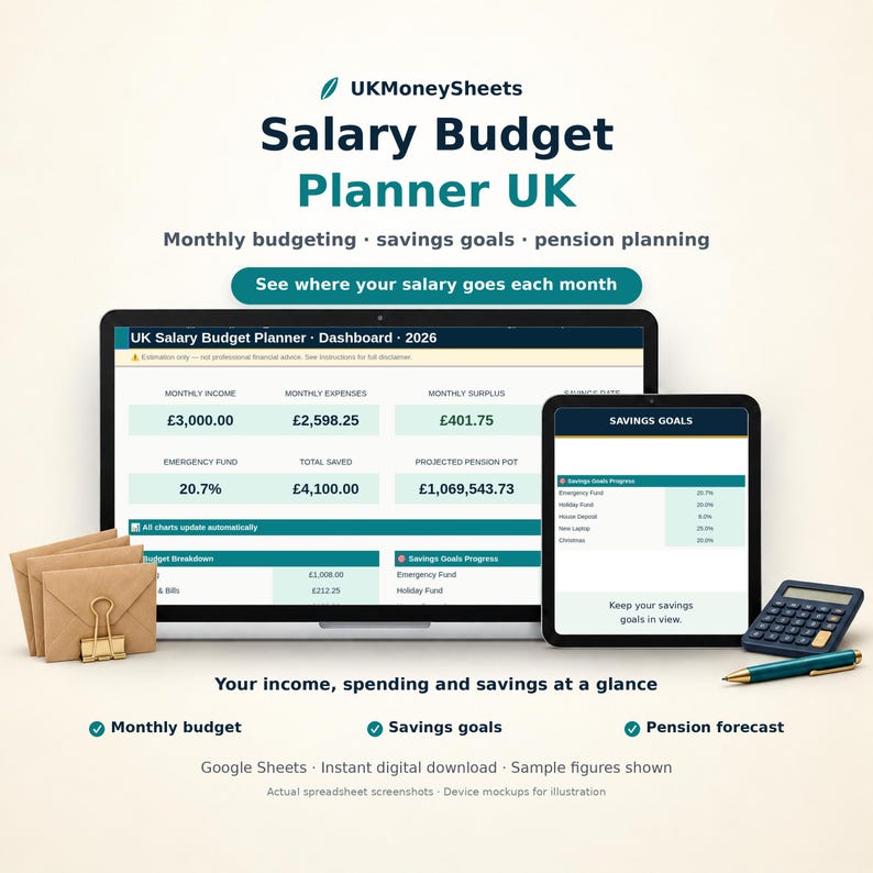 May include: A digital UK MoneySheets Salary Budget Planner UK dashboard displayed on a laptop and tablet screen. The interface shows monthly income, expenses, surplus, savings goals, and pension projections in pounds sterling. Includes a calculator and pen.