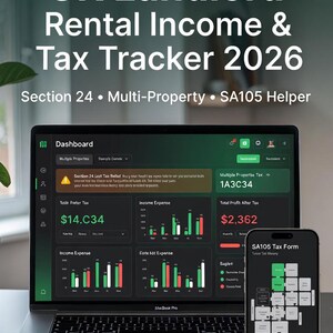 Può includere: Un laptop e uno smartphone mostrano un dashboard finanziario per i proprietari di case nel Regno Unito. Lo schermo del laptop mostra grafici e cifre, tra cui "Total Profit After Tax" a £2.362. Il telefono mostra un modulo fiscale. Il testo in alto recita "UK Landlord Rental Income & Tax Tracker 2026."