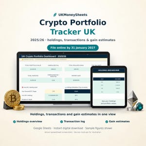 May include: A digital crypto portfolio tracker for 2025/26 displayed on a laptop and tablet screen. The dashboard shows total portfolio value, realised gains, and tax estimates. Includes gold bitcoin coins and ethereum icons.