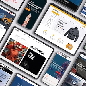 May include: A collection of tablets and smartphones displaying various website designs. The screens showcase diverse content, including a jacket, a rescue service, and advertising agency information. The devices are arranged on a white surface.