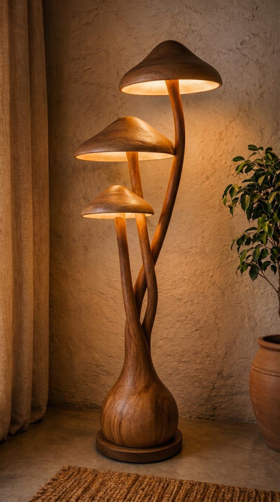 Wooden Mushroom Floor Lamp, Triple Mushroom Standing Lamp, Woodland Rustic Corner Light, Boho Floor Lamp, Cottagecore Home Decor
