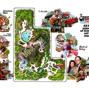 Póster con mapa del parque temático Opryland de estilo vintage, recuerdo de Nashville, 33 x 48 cm.