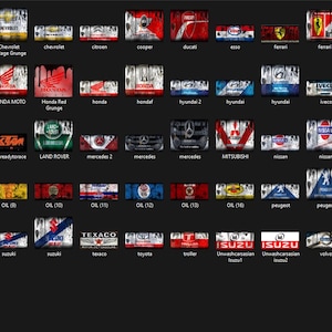 May include: A selection of rectangular stickers showcasing automotive and racing designs. The stickers feature logos and graphics from brands such as Alfa, Ferrari, and Texaco, in a range of colours and styles, including vintage and grunge effects.
