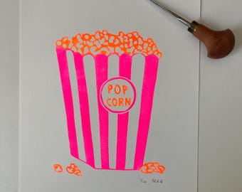 Estampado en linóleo con efecto palomitas de maíz en rosa neón y naranja neón – Impresión original hecha a mano (A4)