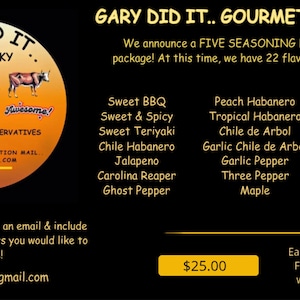 Op de afbeelding: Een zwarte achtergrond met gele tekst die een vijf-kruidenpakket aankondigt met 22 smaken, waaronder Sweet BBQ, Jalapeno en Carolina Reaper. De afbeelding toont "GARY DID IT.. GOURMET". Een gele doos toont de prijs.