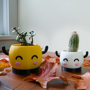 May include: Two round planters with black arms and smiling faces. The larger planter is yellow with a green succulent, and the smaller planter is white with a green cactus. Both have pink cheeks and sit on black circular bases.
